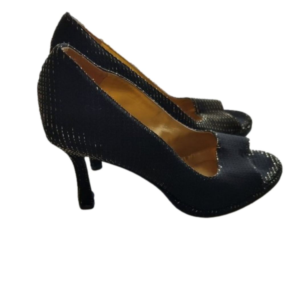 Vintage Via Spiga Peep Toe - Black w/ gold thread (Size 7)